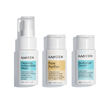 Kanzen Derma Mini Travel Skincare Essentials Trio | Niacinamide, Mini Hypochlorous Spray and Cleansing Pore Purifier