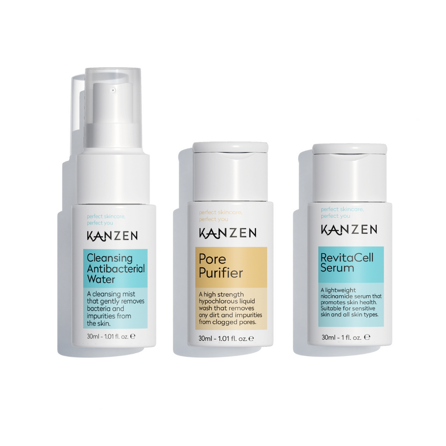 Kanzen Derma Mini Travel Skincare Essentials Trio | Niacinamide, Mini Hypochlorous Spray and Cleansing Pore Purifier