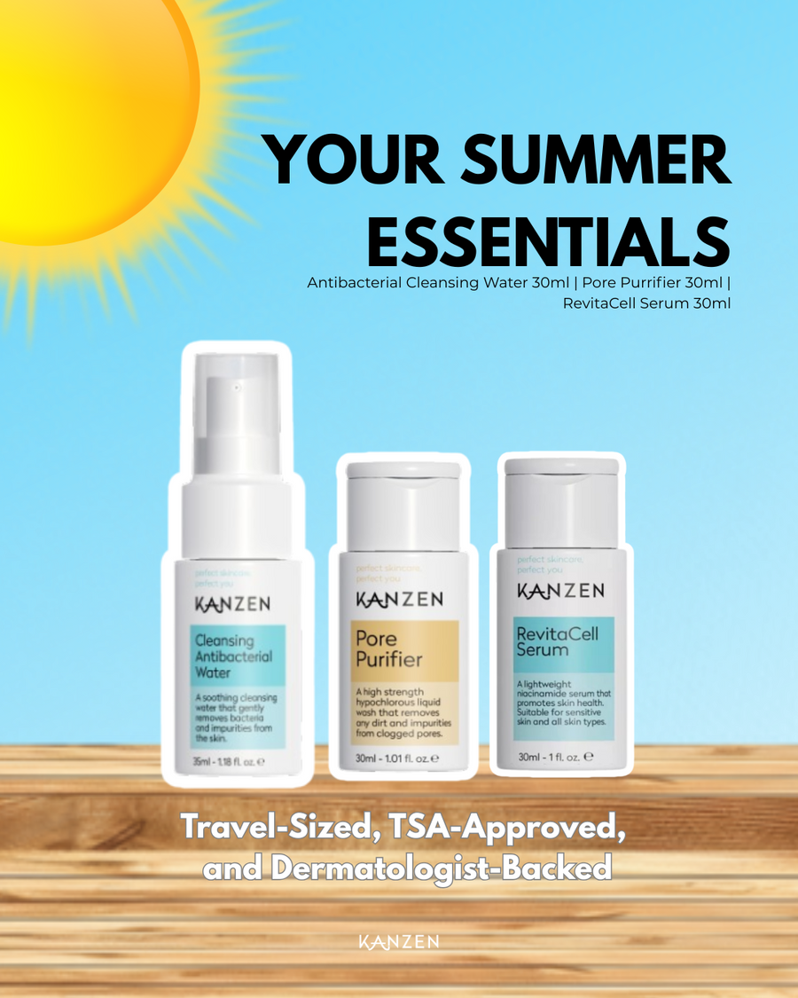 Kanzen Derma Mini Travel Skincare Essentials Trio | Niacinamide, Mini Hypochlorous Spray and Cleansing Pore Purifier